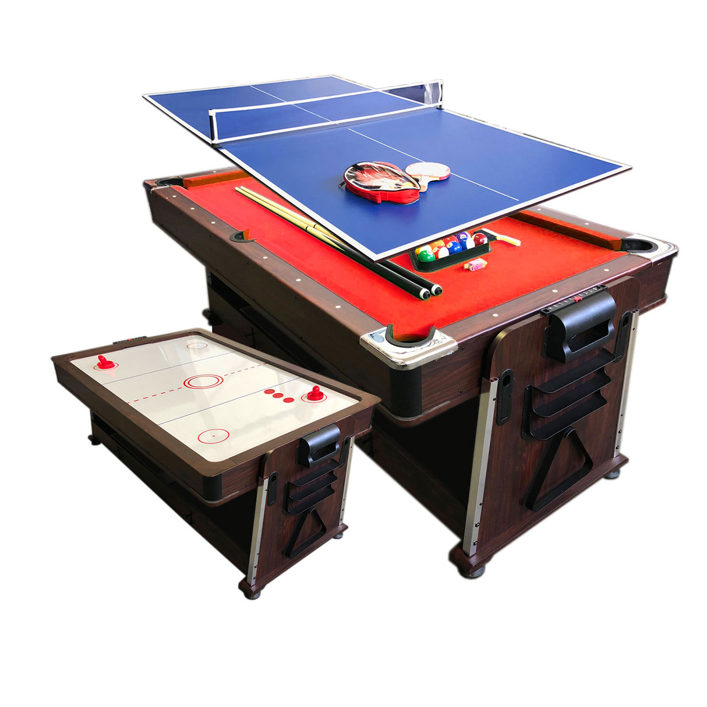 SIMBAUSA 7 FT Multi Games Pool Table Red Air Hockey Table Tennis Table Top  – Strike